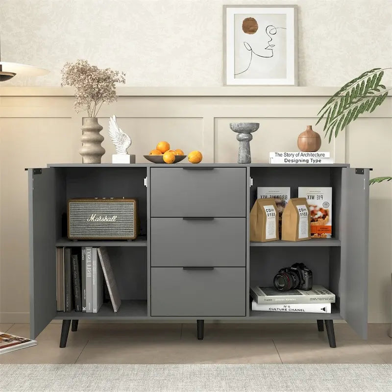 Wood Sideboard Buffet Cabinet with 3 Drawers & 2 Doors