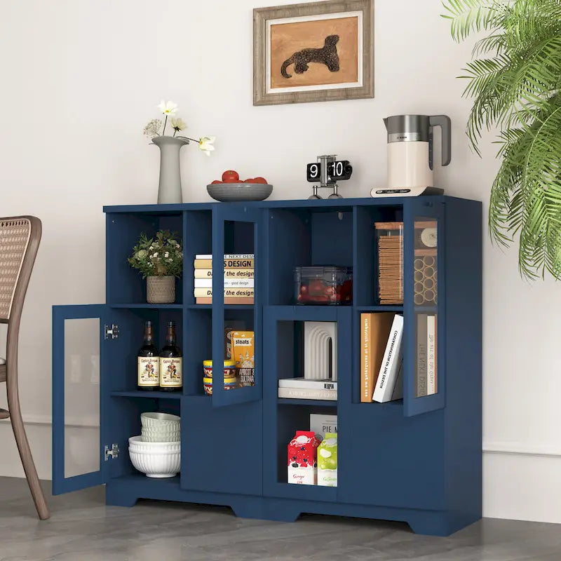 Modern Wood Floor Cabinet with 2 Glass Doors & Adjustable Shelves