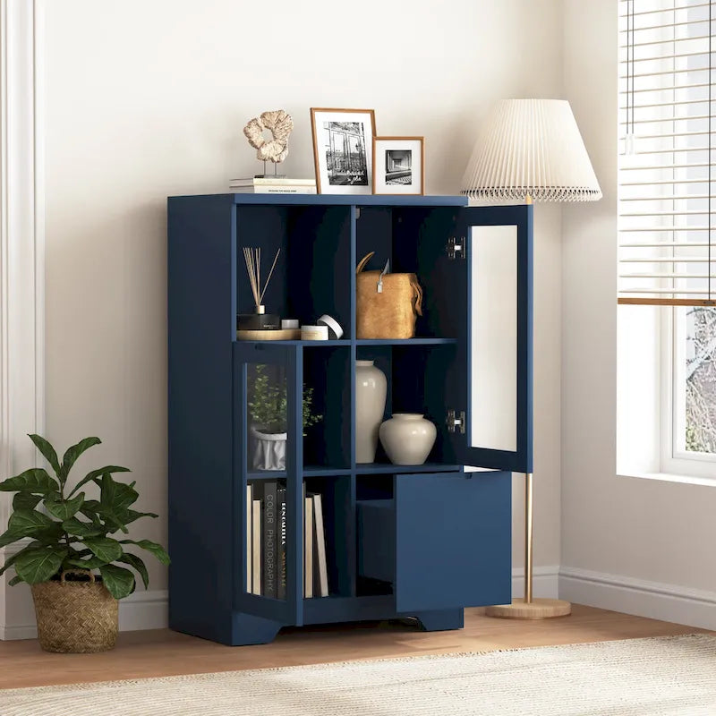 Modern Wood Floor Cabinet with 2 Glass Doors & Adjustable Shelves