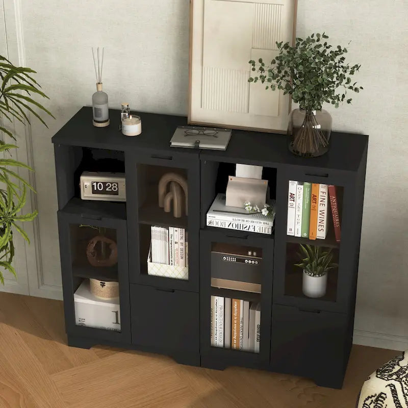 Modern Wood Floor Cabinet with 2 Glass Doors & Adjustable Shelves