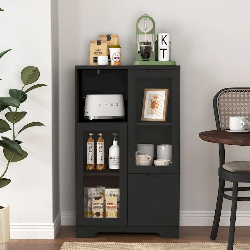 Modern Wood Floor Cabinet with 2 Glass Doors & Adjustable Shelves