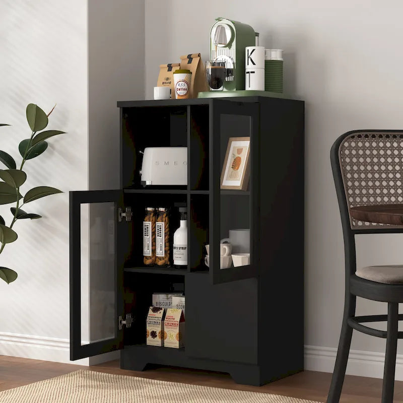 Modern Wood Floor Cabinet with 2 Glass Doors & Adjustable Shelves
