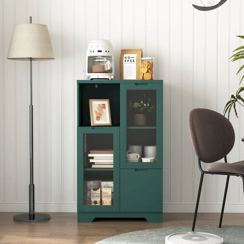 Modern Wood Floor Cabinet with 2 Glass Doors & Adjustable Shelves