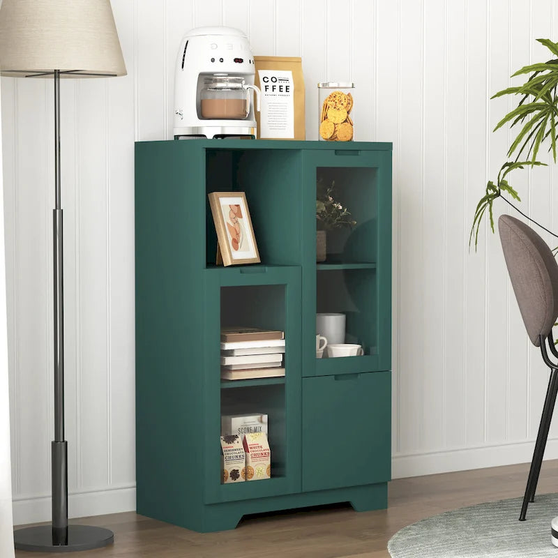 Modern Wood Floor Cabinet with 2 Glass Doors & Adjustable Shelves