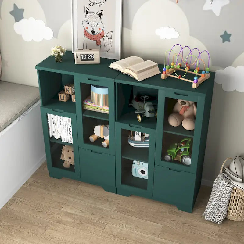Modern Wood Floor Cabinet with 2 Glass Doors & Adjustable Shelves