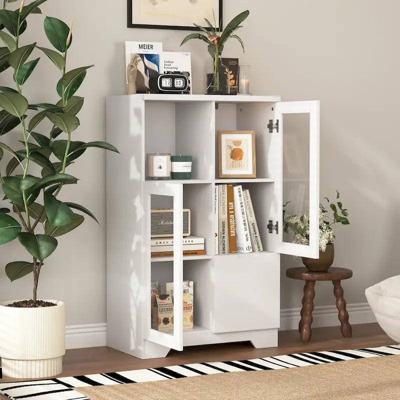 Modern Wood Floor Cabinet with 2 Glass Doors & Adjustable Shelves