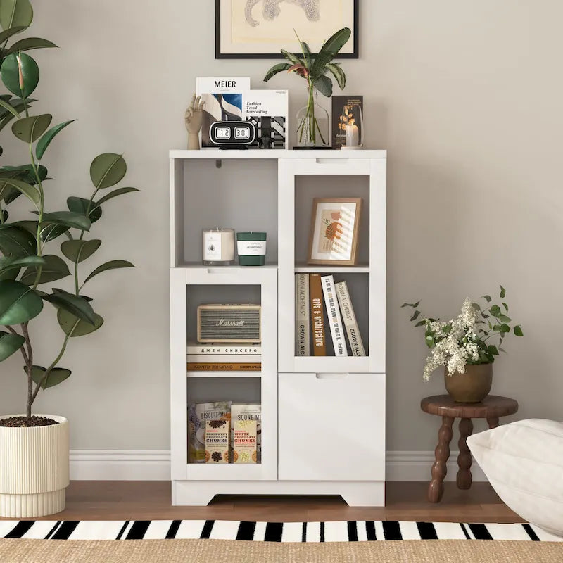 Modern Wood Floor Cabinet with 2 Glass Doors & Adjustable Shelves