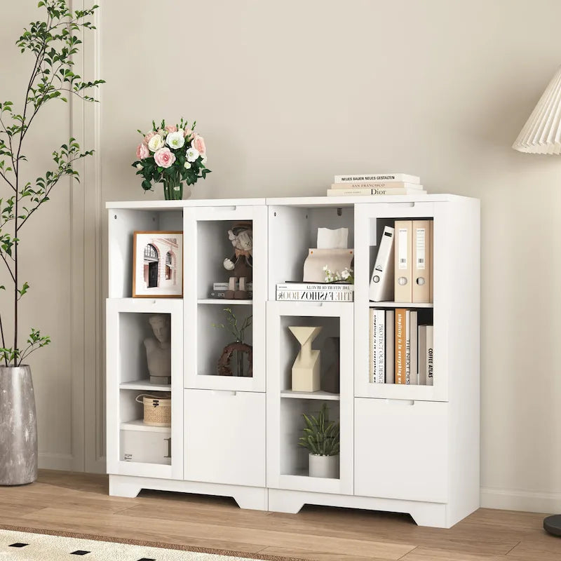 Modern Wood Floor Cabinet with 2 Glass Doors & Adjustable Shelves