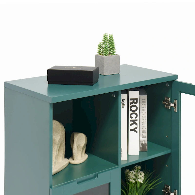 Modern Wood Floor Cabinet with 2 Glass Doors & Adjustable Shelves