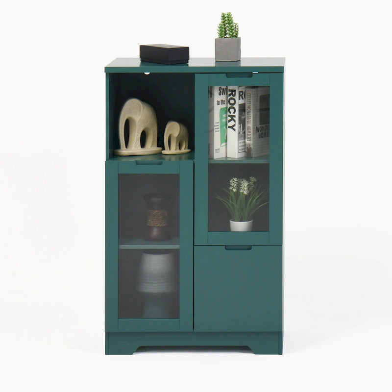 Modern Wood Floor Cabinet with 2 Glass Doors & Adjustable Shelves