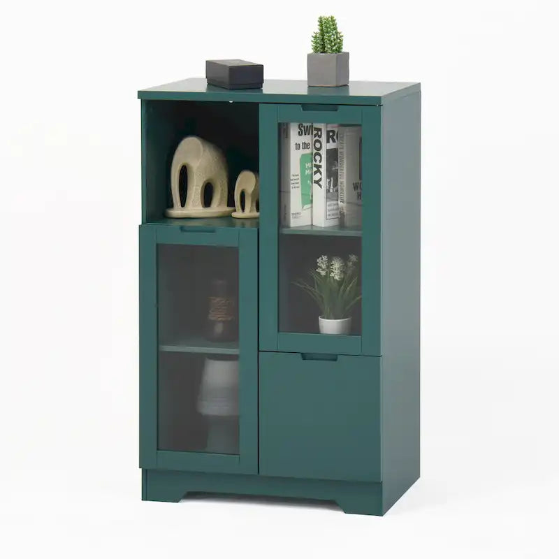 Modern Wood Floor Cabinet with 2 Glass Doors & Adjustable Shelves