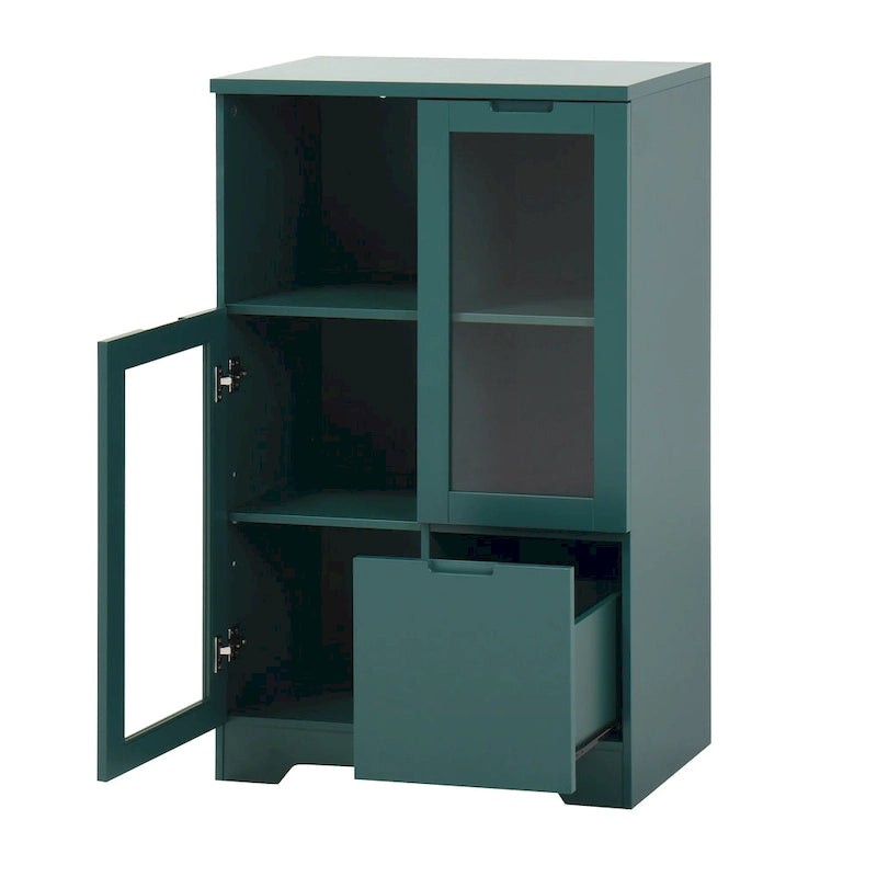 Modern Wood Floor Cabinet with 2 Glass Doors & Adjustable Shelves