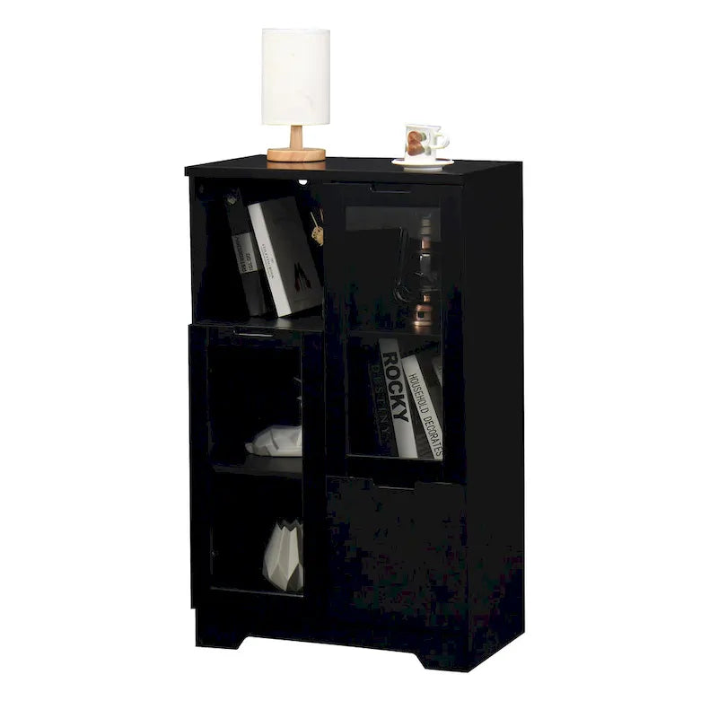 Modern Wood Floor Cabinet with 2 Glass Doors & Adjustable Shelves