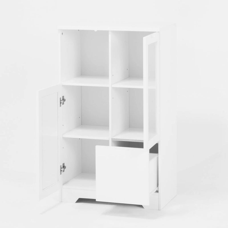 Modern Wood Floor Cabinet with 2 Glass Doors & Adjustable Shelves