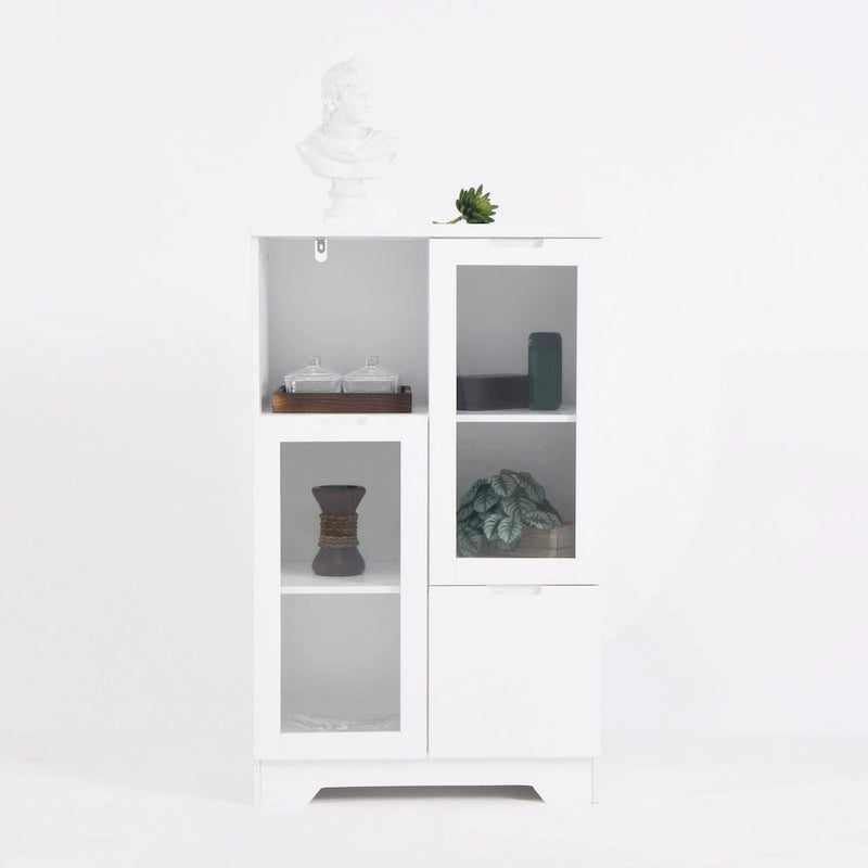 Modern Wood Floor Cabinet with 2 Glass Doors & Adjustable Shelves