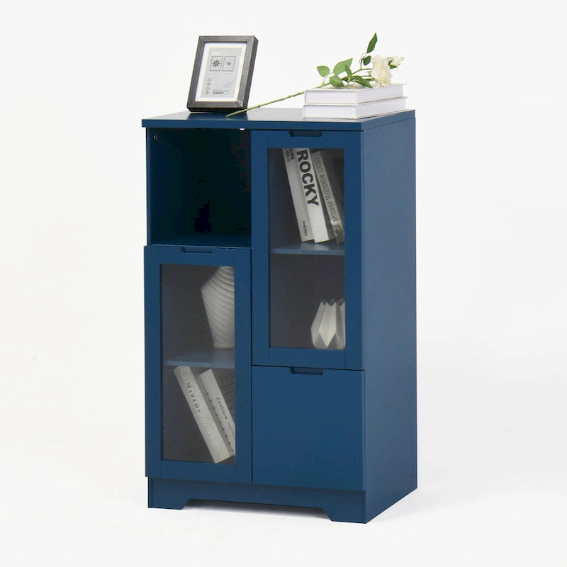 Modern Wood Floor Cabinet with 2 Glass Doors & Adjustable Shelves