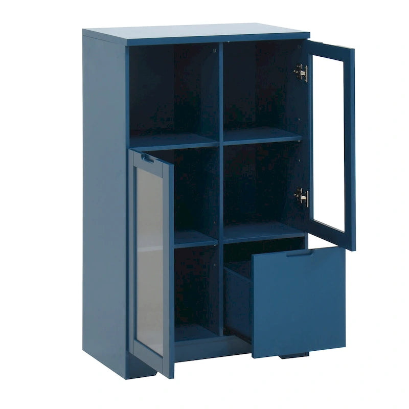 Modern Wood Floor Cabinet with 2 Glass Doors & Adjustable Shelves