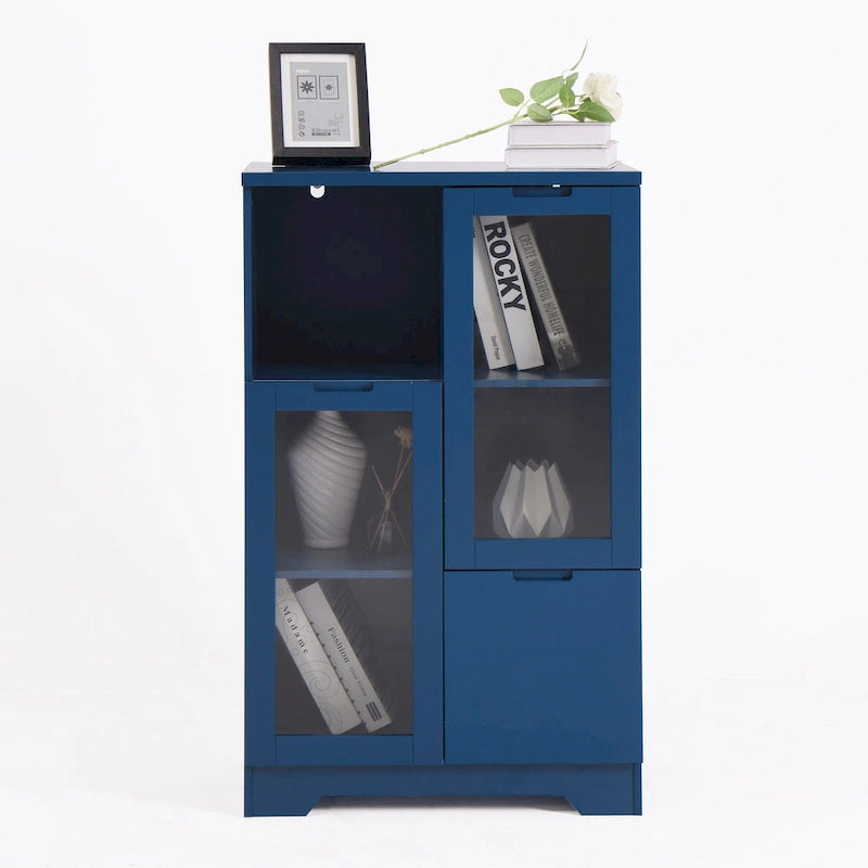 Modern Wood Floor Cabinet with 2 Glass Doors & Adjustable Shelves