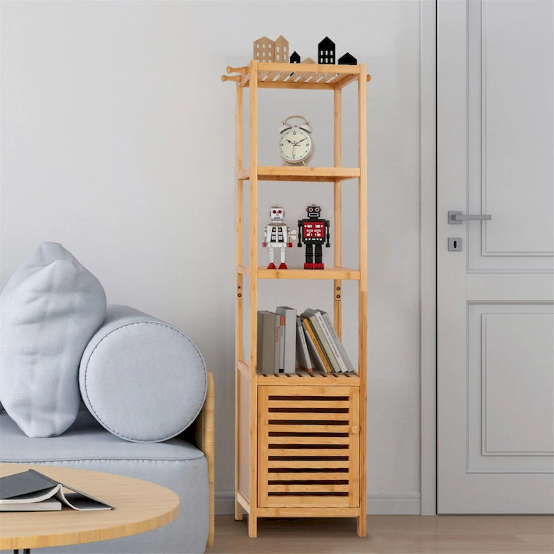 Tall Slim Bamboo Storage Cabinet with Door, 3-Tier Shelves & Hooks