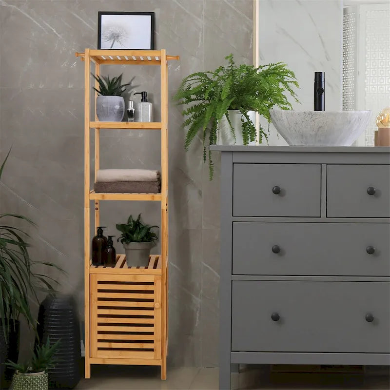 Tall Slim Bamboo Storage Cabinet with Door, 3-Tier Shelves & Hooks