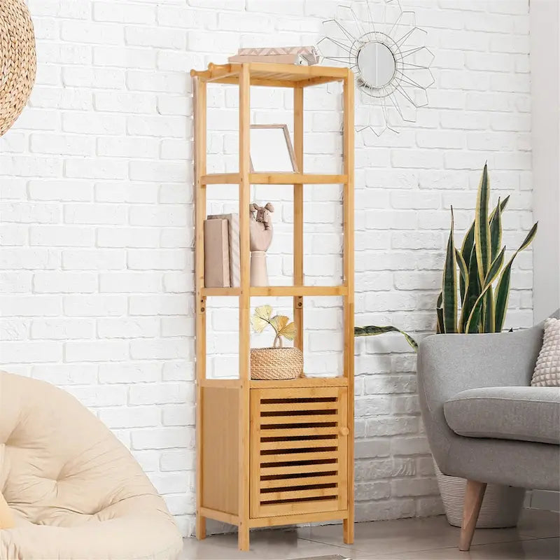 Tall Slim Bamboo Storage Cabinet with Door, 3-Tier Shelves & Hooks