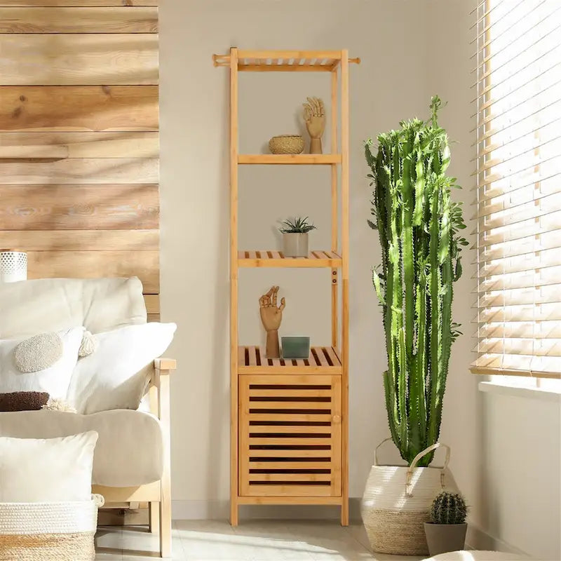 Tall Slim Bamboo Storage Cabinet with Door, 3-Tier Shelves & Hooks