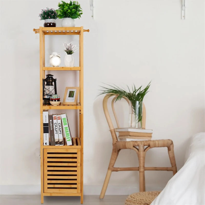Tall Slim Bamboo Storage Cabinet with Door, 3-Tier Shelves & Hooks
