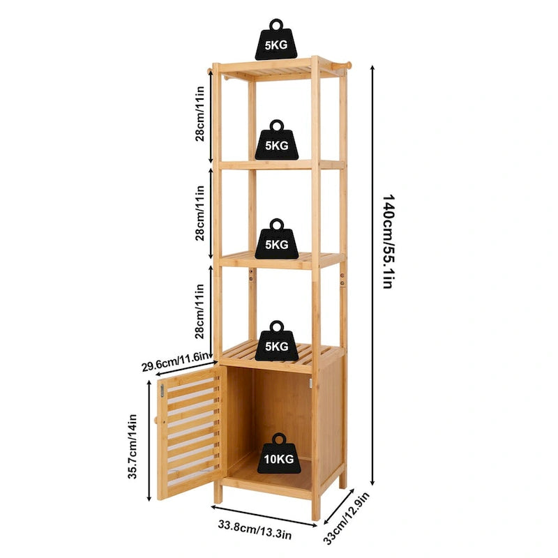Tall Slim Bamboo Storage Cabinet with Door, 3-Tier Shelves & Hooks
