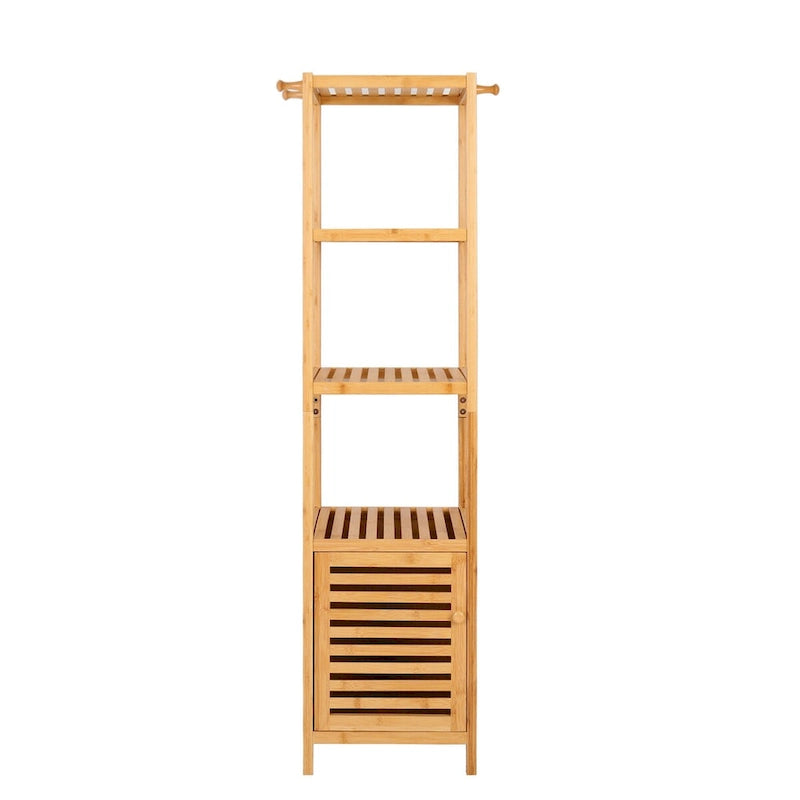 Tall Slim Bamboo Storage Cabinet with Door, 3-Tier Shelves & Hooks
