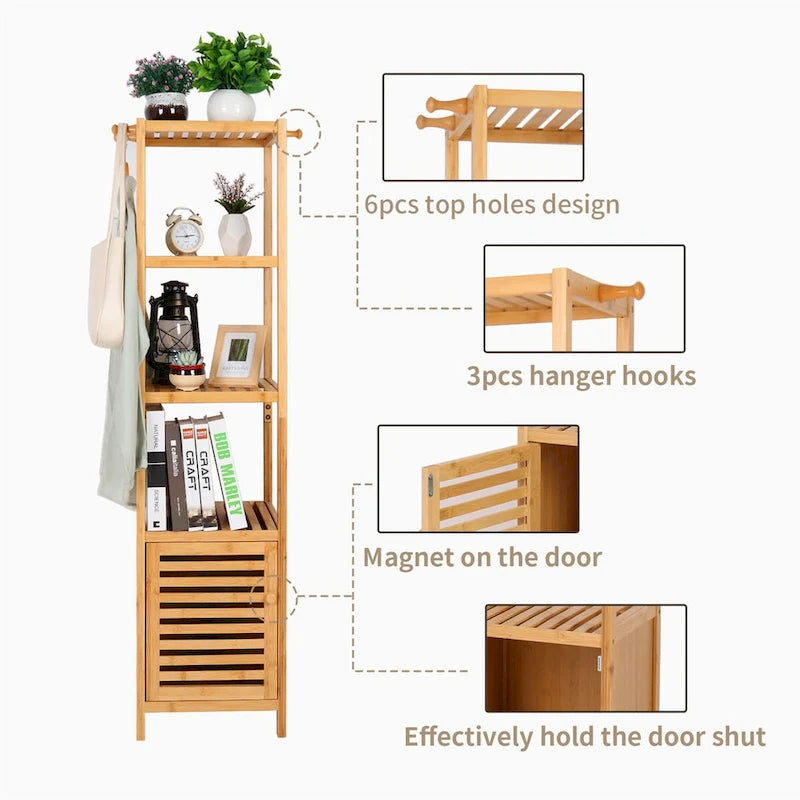 Tall Slim Bamboo Storage Cabinet with Door, 3-Tier Shelves & Hooks