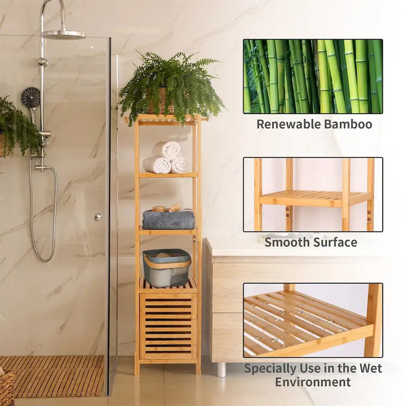Tall Slim Bamboo Storage Cabinet with Door, 3-Tier Shelves & Hooks