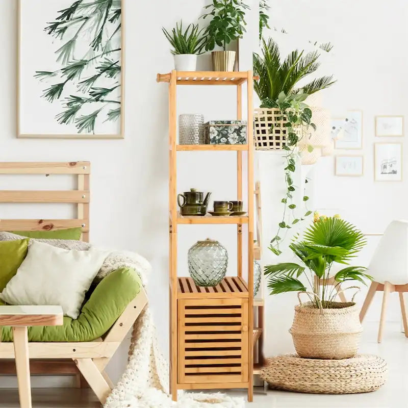 Tall Slim Bamboo Storage Cabinet with Door, 3-Tier Shelves & Hooks