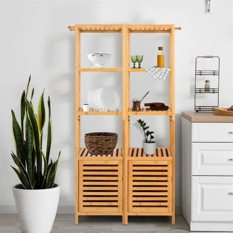 Tall Slim Bamboo Storage Cabinet with Door, 3-Tier Shelves & Hooks