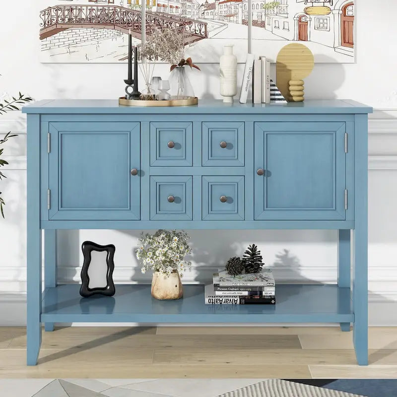 Solid Acacia Wood Buffet Sideboard with Drawers, Cabinets & Bottom Shelf — Dark Blue