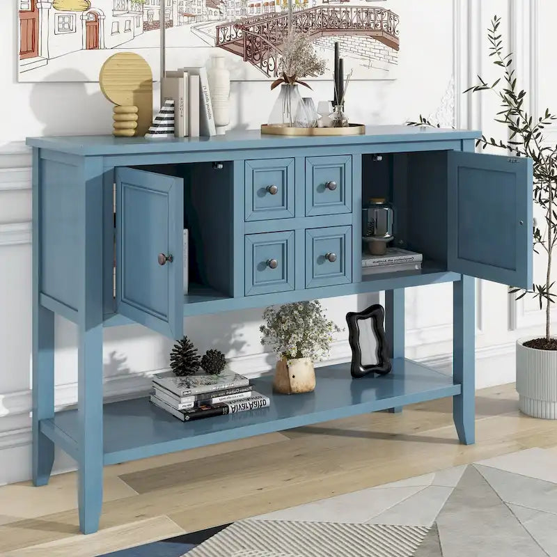 Solid Acacia Wood Buffet Sideboard with Drawers, Cabinets & Bottom Shelf — Dark Blue